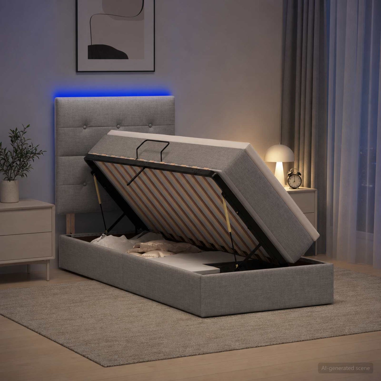 LED Opslagbed met Matras Lichtgrijs 100 x 200 cm Stof