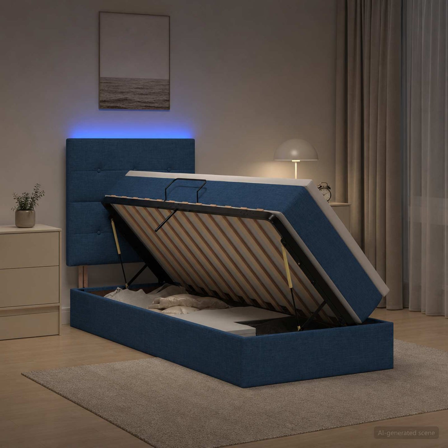 LED Opslagbed met Matras Blauw 90 x 200 cm Stof