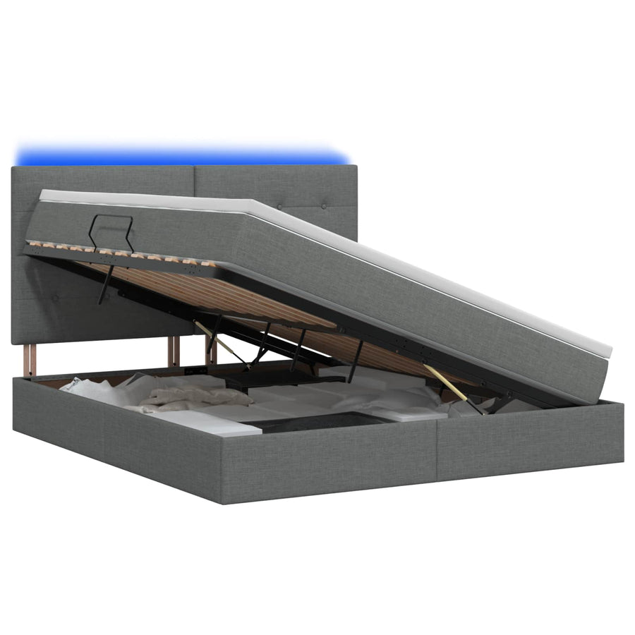 LED Opslagbed met Matras Donkergrijs 140 x 200 cm Stof
