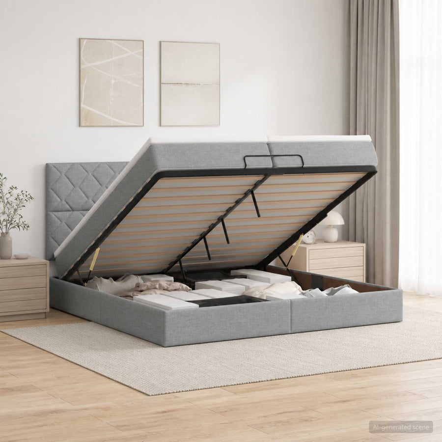 LED Opslagbed met Matras Lichtgrijs 200 x 200 cm Stof