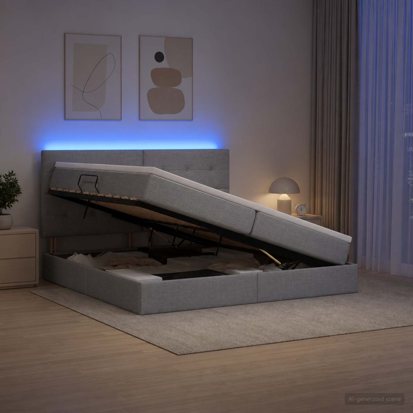 LED Opslagbed met Matras Lichtgrijs 200 x 200 cm Stof