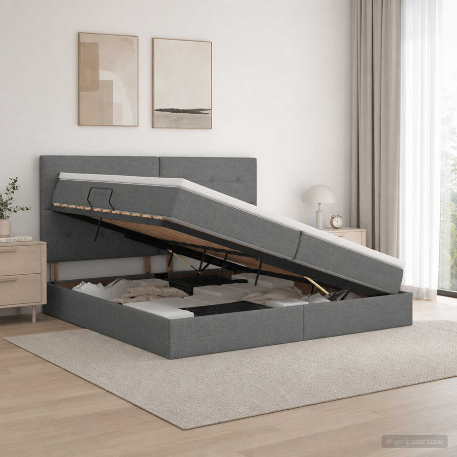 Opslag bed met matras met opslag Donkergrijs 200 x 200 cm Stof
