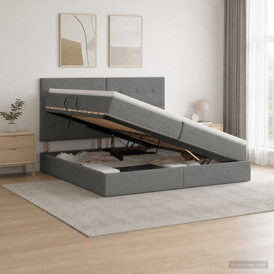 Opslag bed met matras met opslag Donkergrijs 200 x 200 cm Stof
