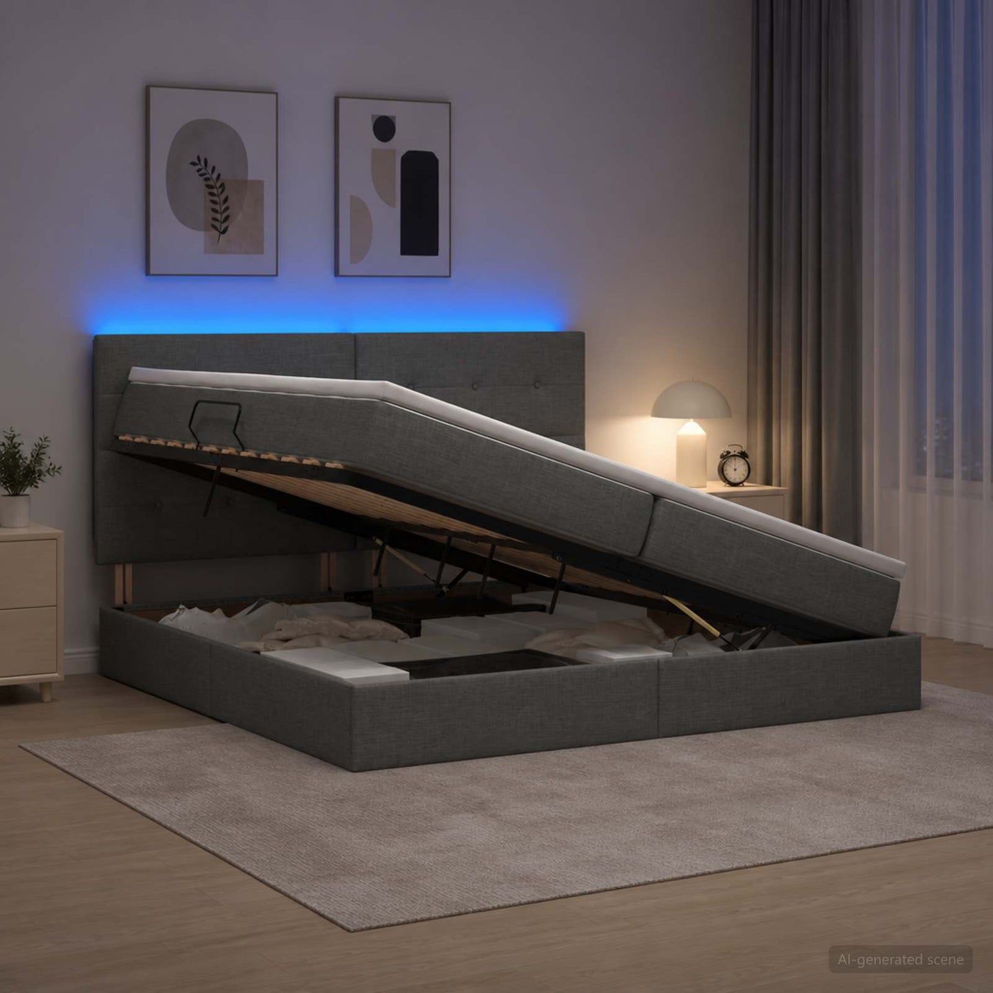LED Opslagbed met Matras Donkergrijs 200 x 200 cm Stof