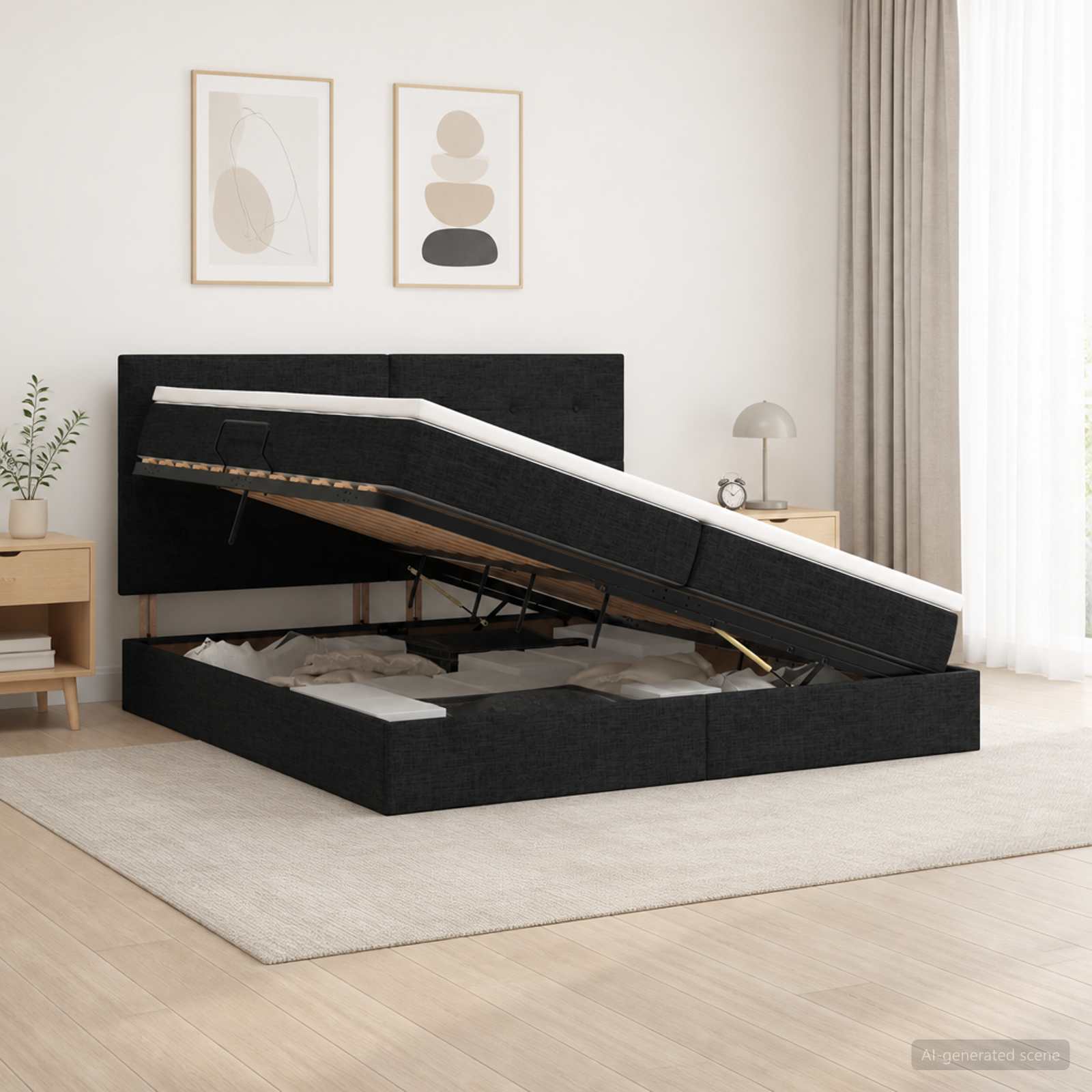 Opslag bed met matras met hoofdeinde Zwart 200 x 200 cm Stof