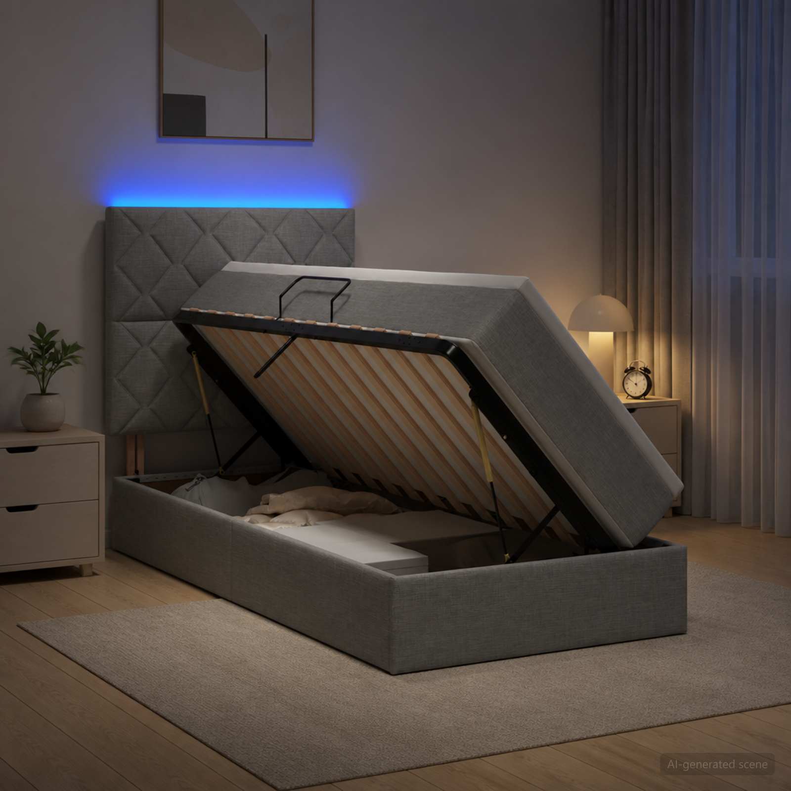 LED Opslagbed met Matras Lichtgrijs 90 x 200 cm Stof