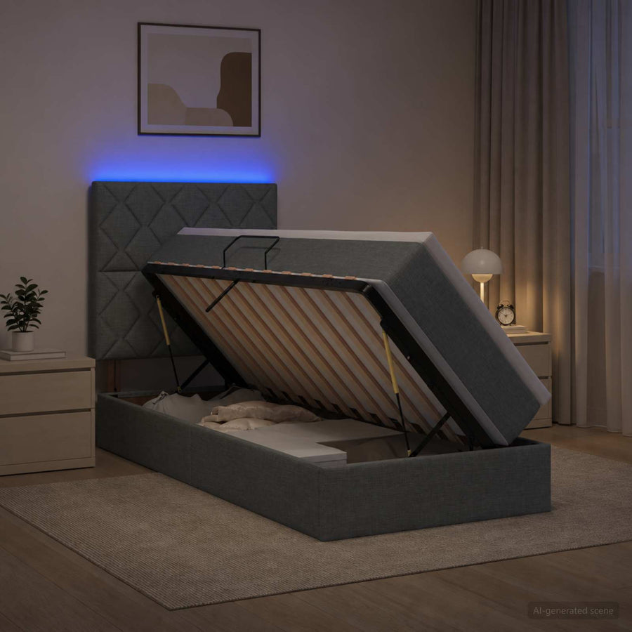 LED Opslagbed met Matras Donkergrijs 90 x 200 cm Stof