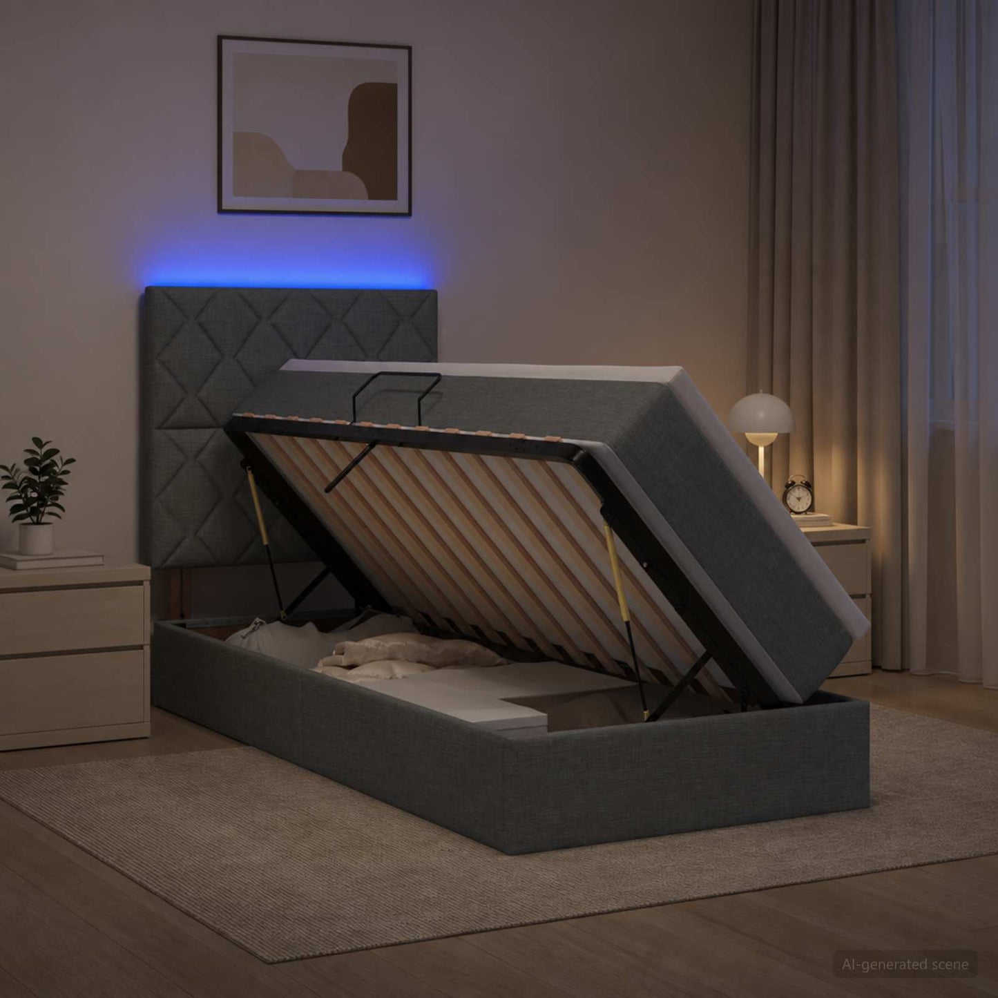 LED Opslagbed met Matras Donkergrijs 100 x 200 cm Stof