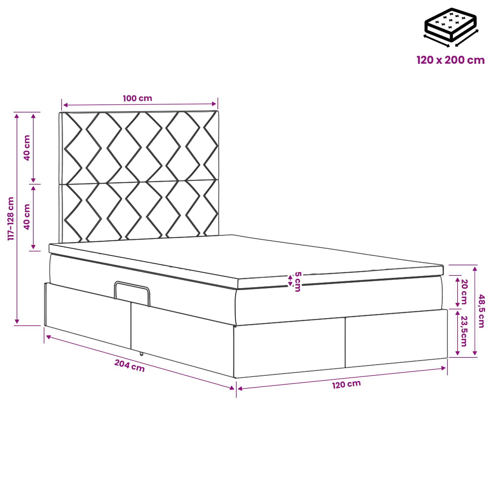 LED Opslagbed met Matras Donkergrijs 120 x 200 cm Stof
