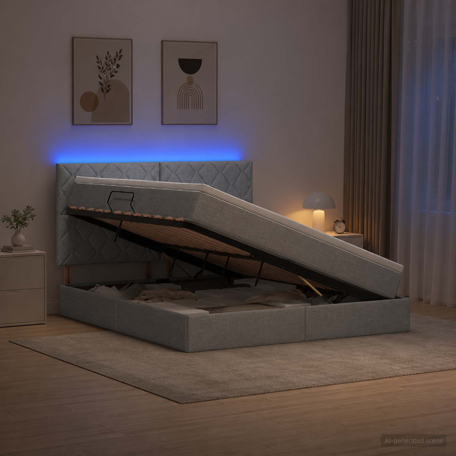 LED Opslagbed met Matras Lichtgrijs 140 x 190 cm Stof