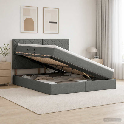LED Opslagbed met Matras Donkergrijs 160 x 200 cm Stof