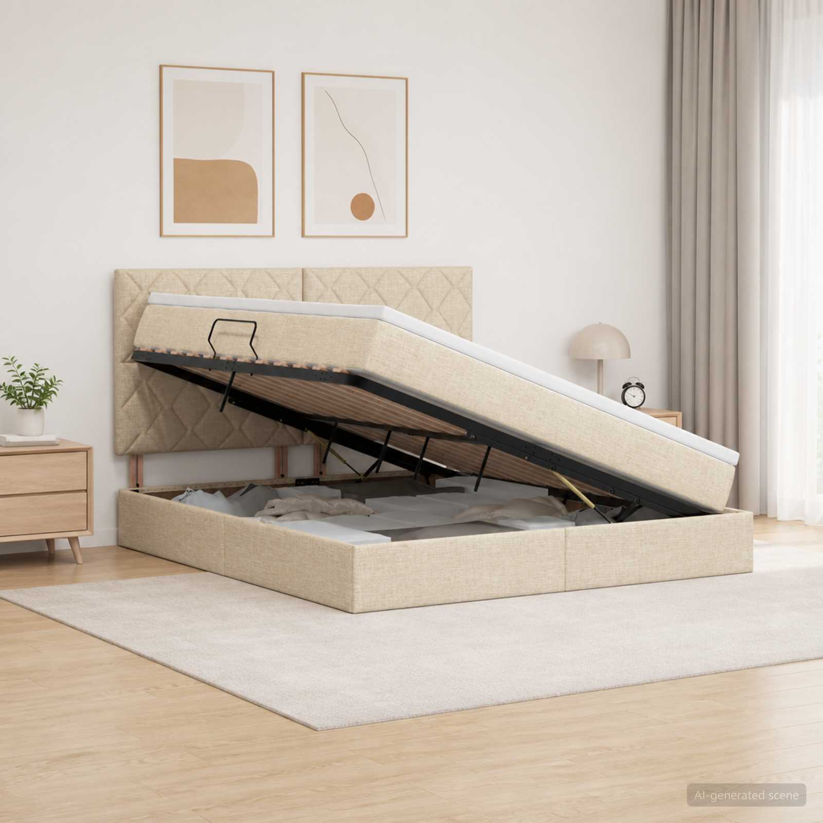 Opslag bed met matras met opslag Crèmekleurig 180 x 200 cm Stof
