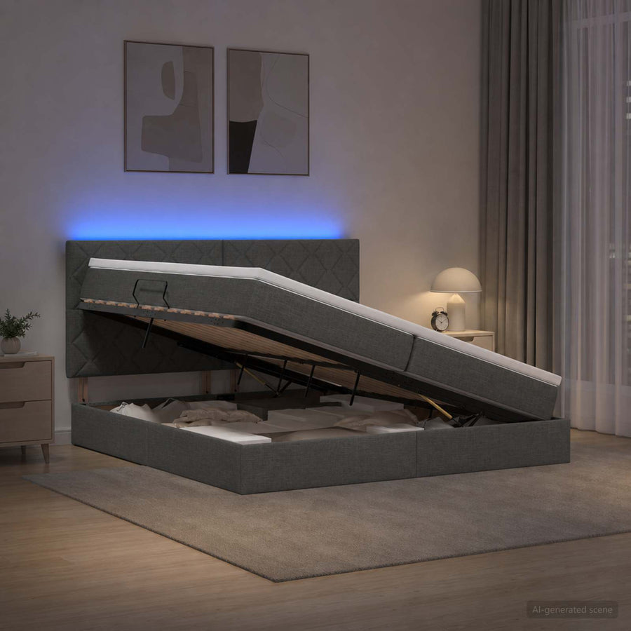 LED Opslagbed met Matras Donkergrijs 200 x 200 cm Stof
