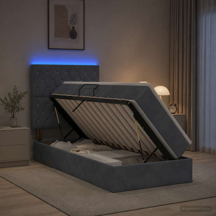 LED Opslagbed met Matras Donkergrijs 100 x 200 cm Fluweel
