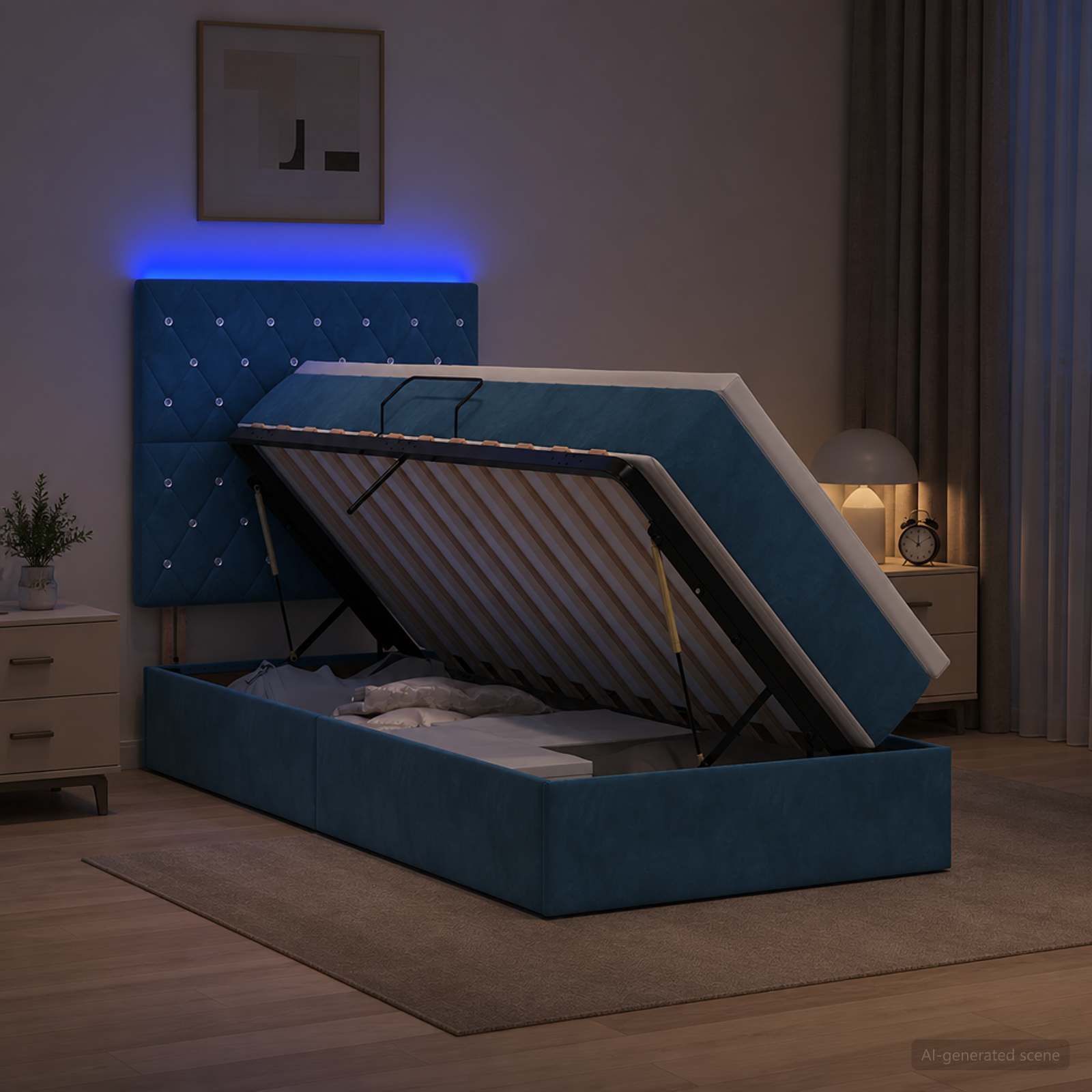 LED Opslagbed met Matras Donkerblauw 100 x 200 cm Fluweel