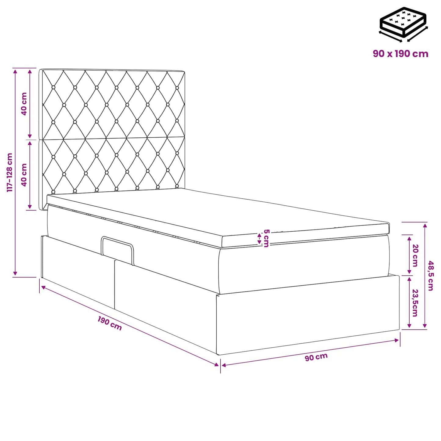 LED Opslagbed met Matras Roze 90 x 190 cm Fluweel