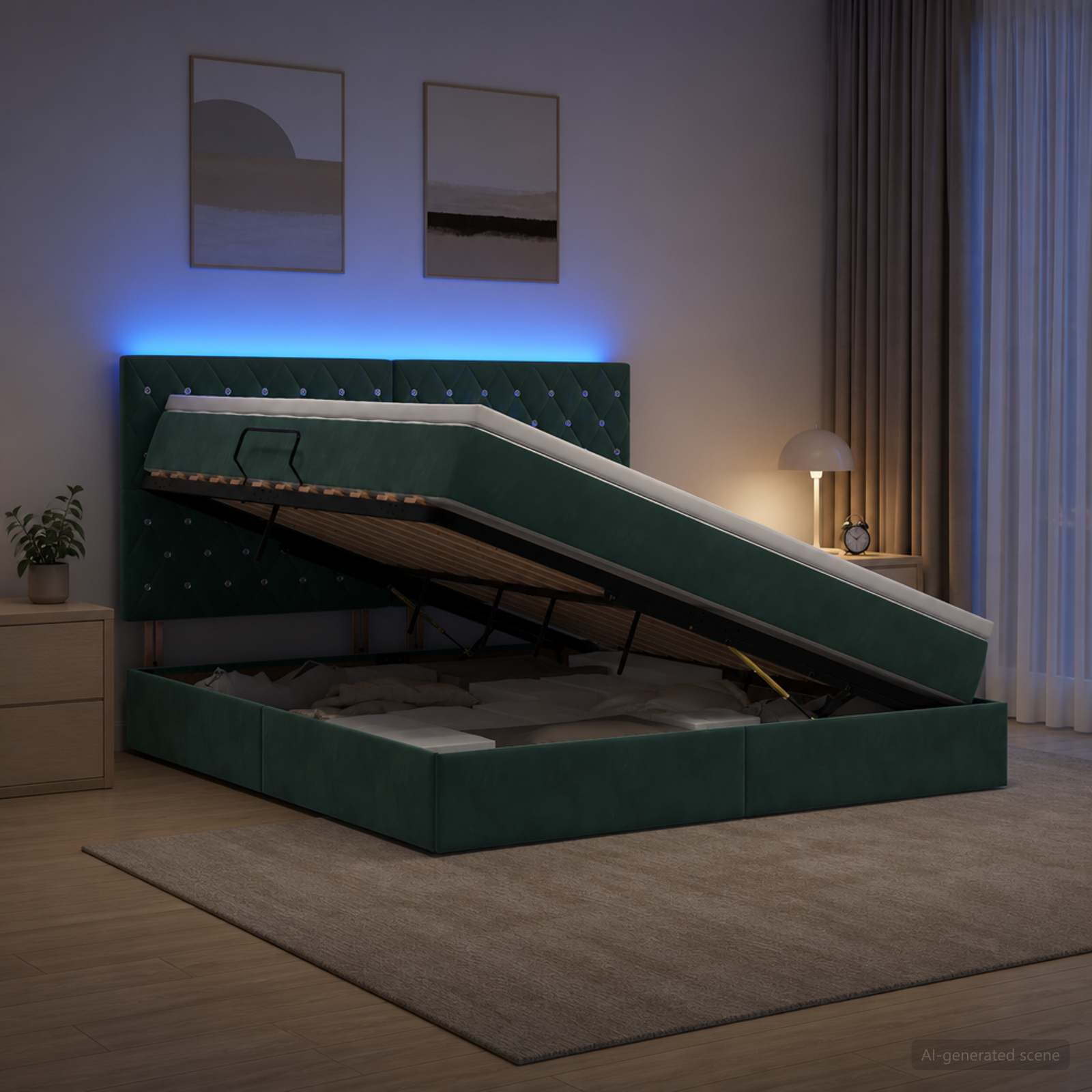 LED Opslagbed met Matras Donkergroen 180 x 200 cm Fluweel