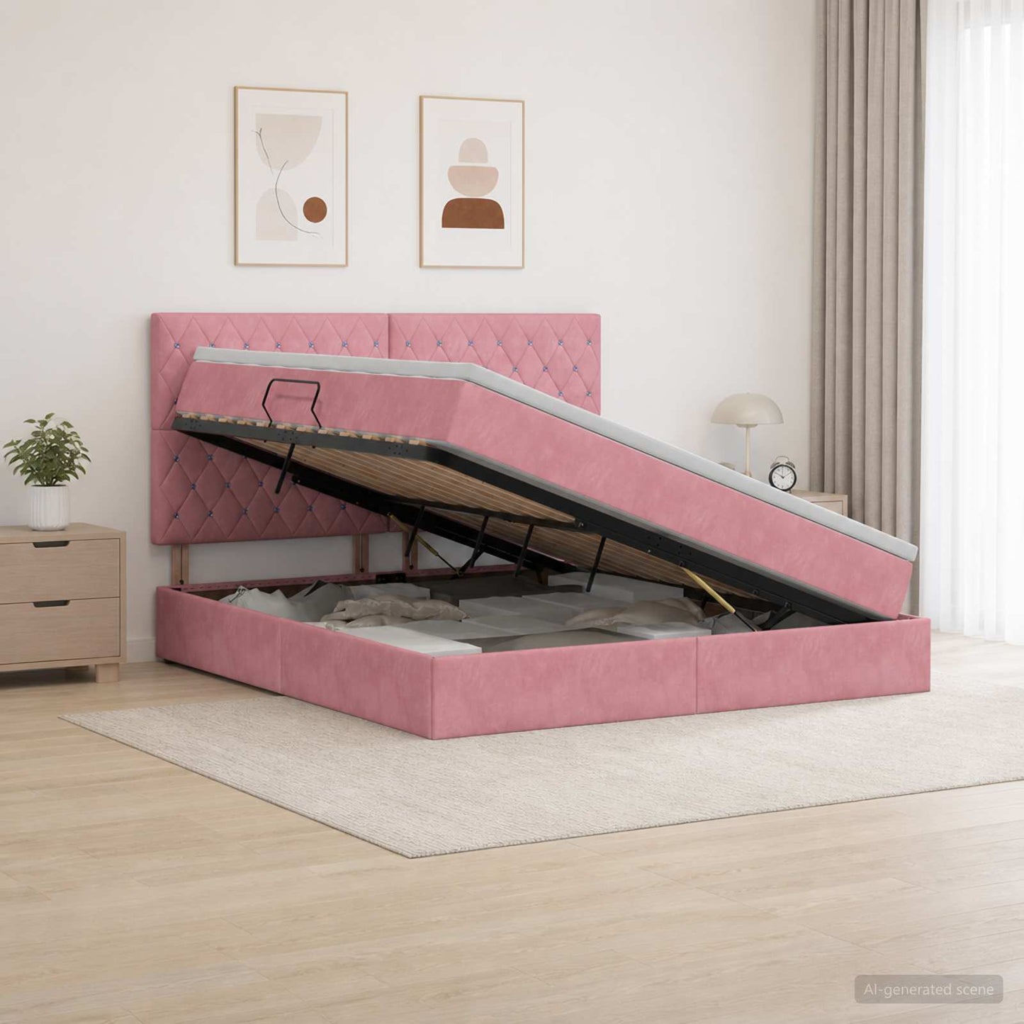 Opslag bed met matras met hoofdeinde Roze 160 x 200 cm Fluweel