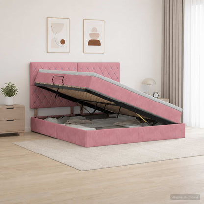 Opslag bed met matras met hoofdeinde Roze 140 x 200 cm Fluweel