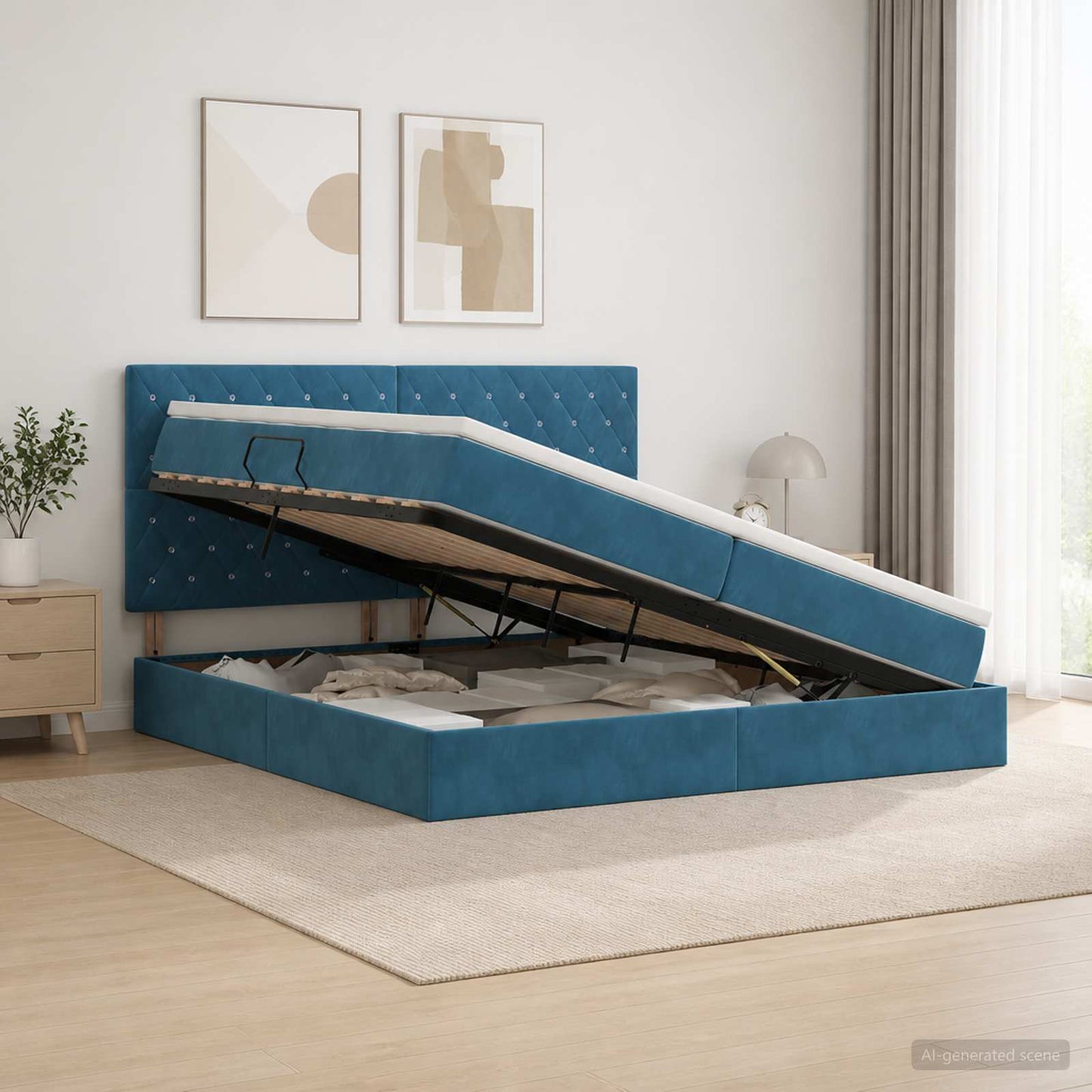 LED Opslagbed met Matras Donkerblauw 200 x 200 cm Fluweel