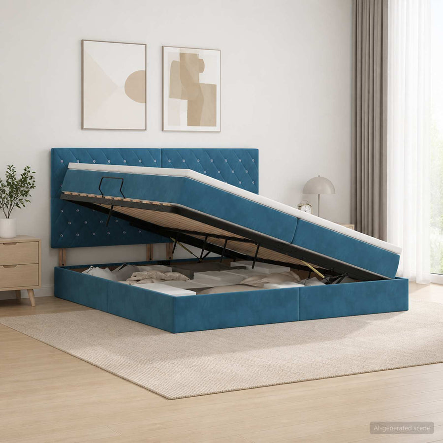 LED Opslagbed met Matras Donkerblauw 200 x 200 cm Fluweel