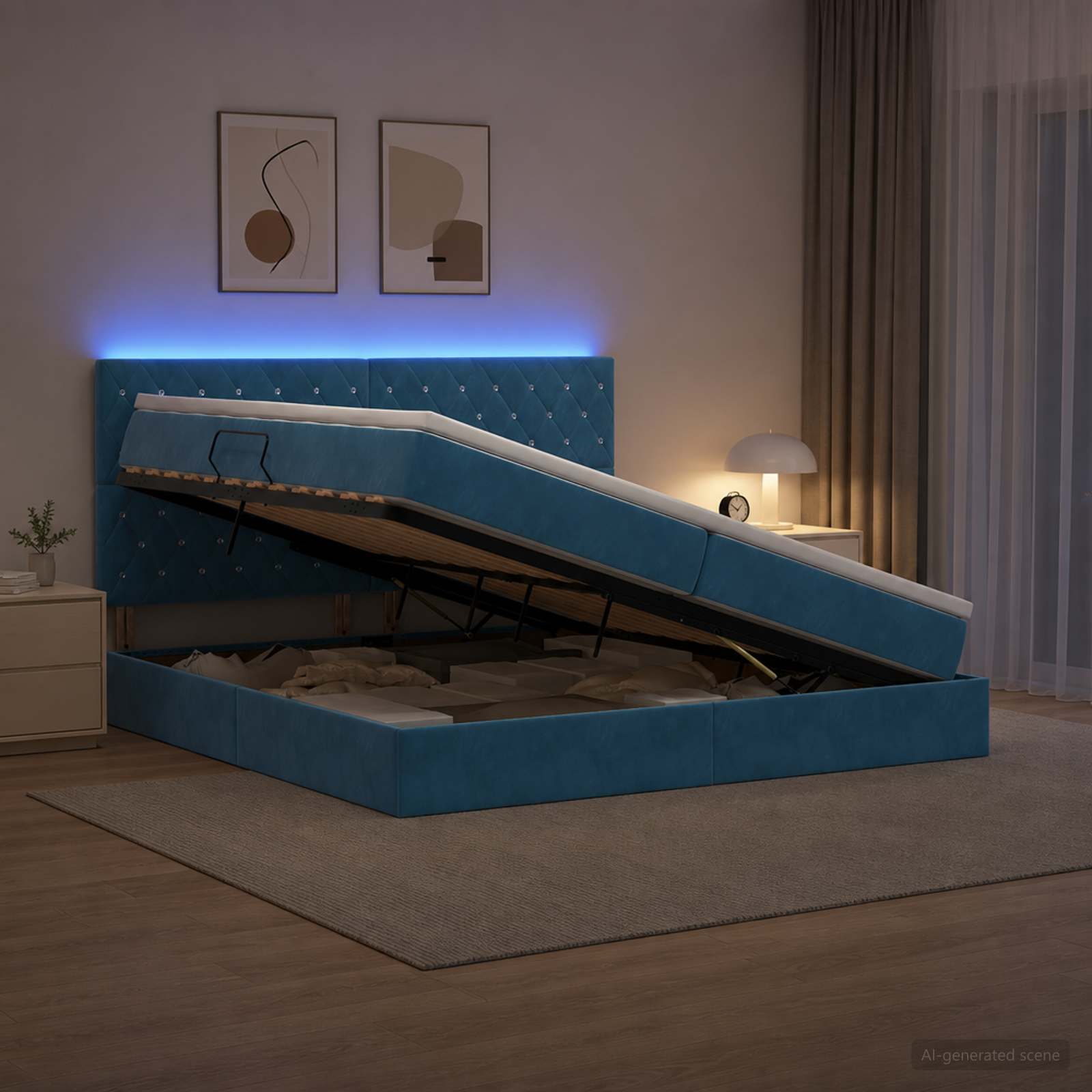 LED Opslagbed met Matras Donkerblauw 200 x 200 cm Fluweel
