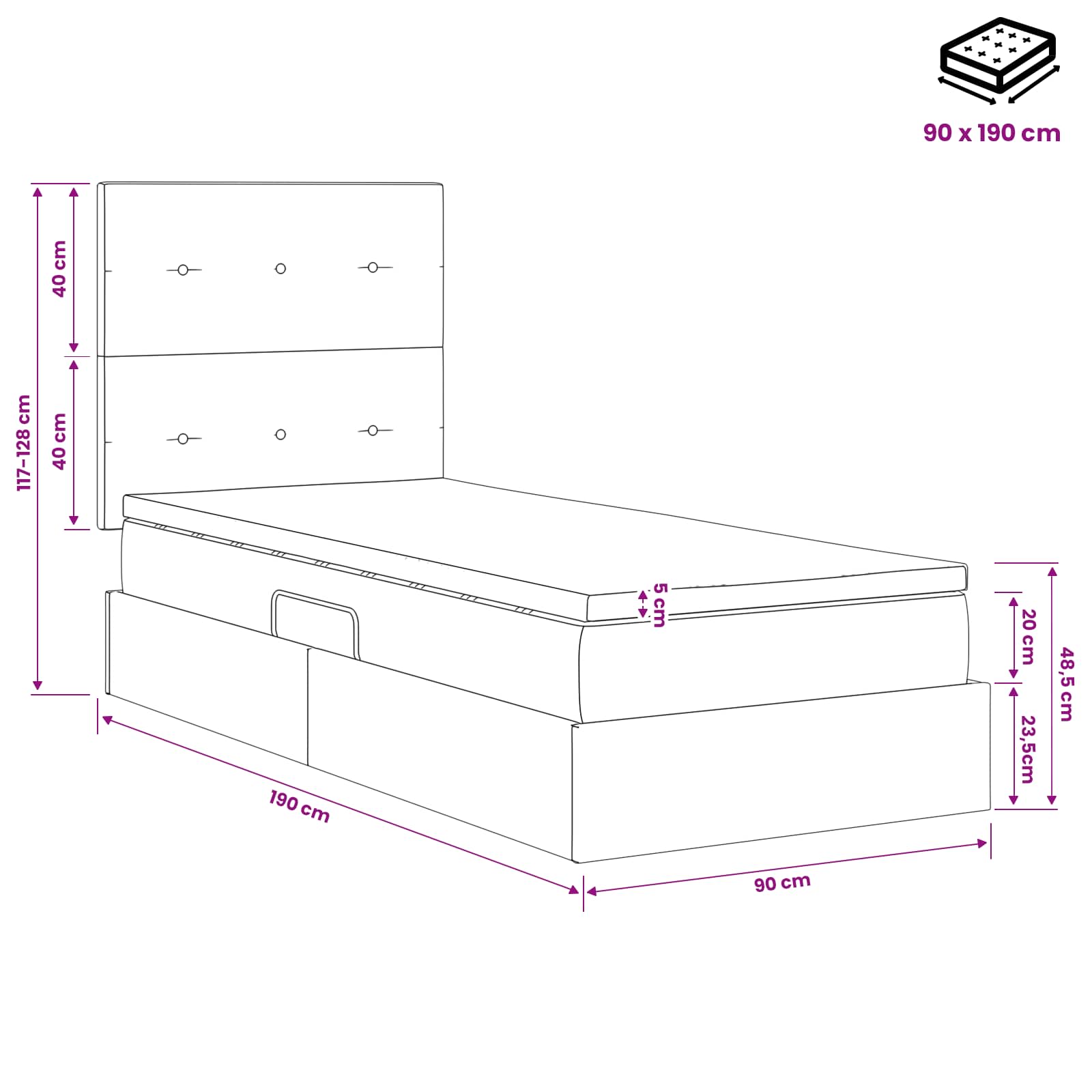 LED Opslagbed met Matras Roze 90 x 190 cm Fluweel