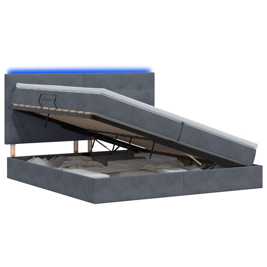 LED Opslagbed met Matras Donkergrijs 200 x 200 cm Fluweel