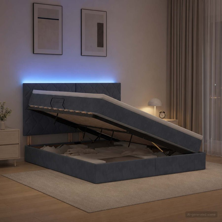 LED Opslagbed met Matras Donkergrijs 140 x 190 cm Fluweel