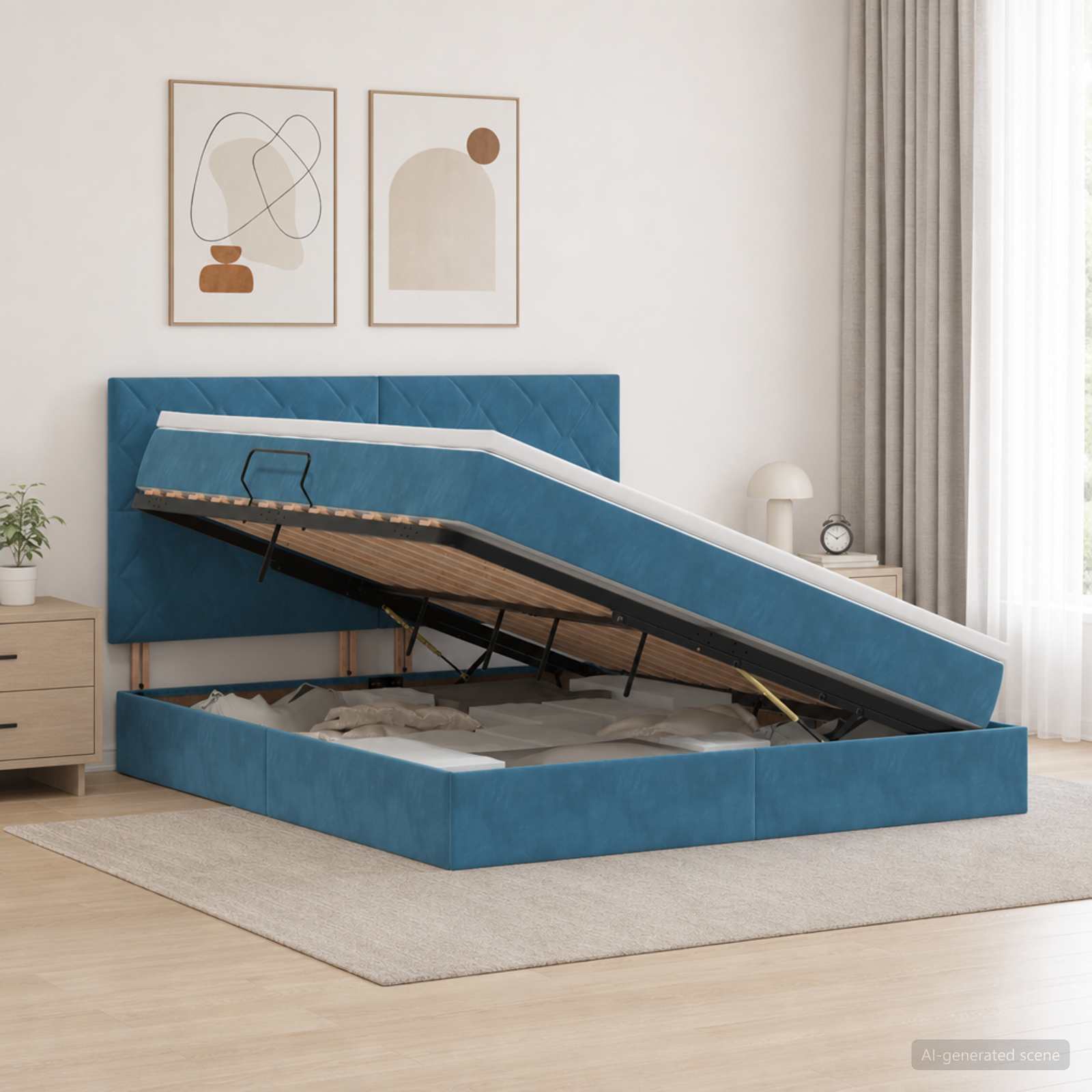 Opslag bed met matras Donkerblauw 160 x 200 cm Fluweel