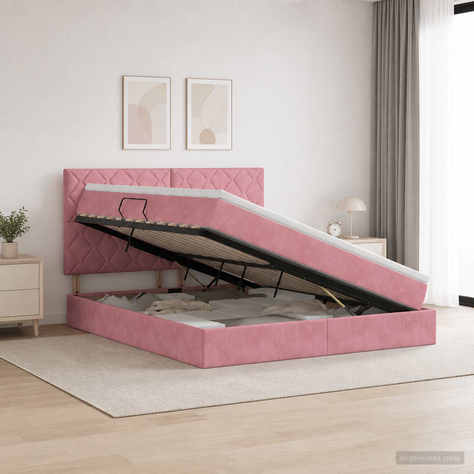 Opslag bed met matras met hoofdeinde Roze 140 x 200 cm Fluweel