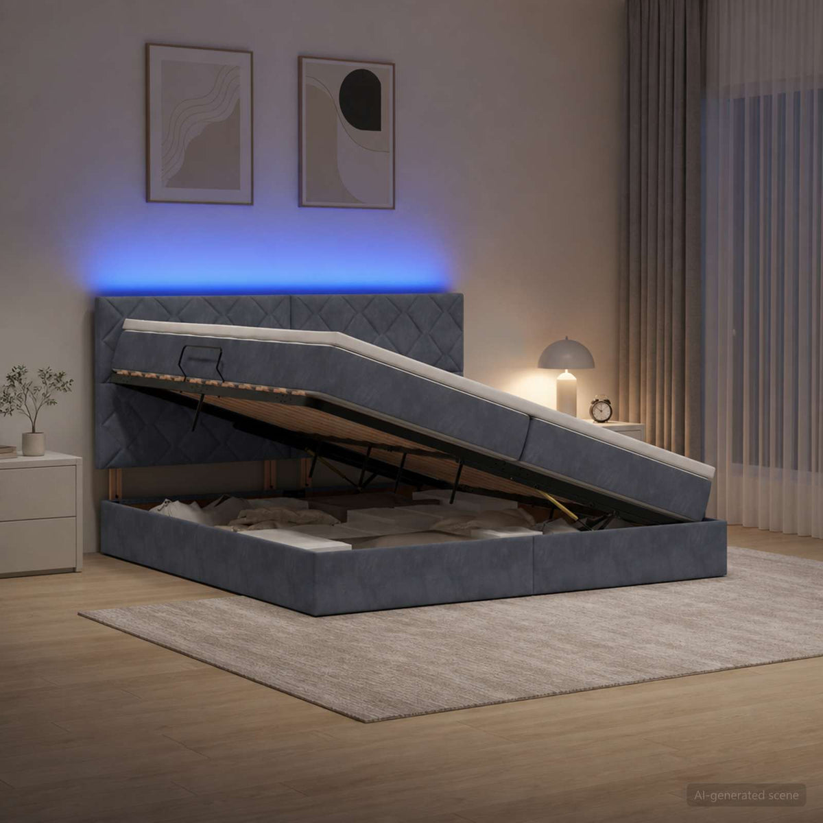 LED Opslagbed met Matras Donkergrijs 200 x 200 cm Fluweel