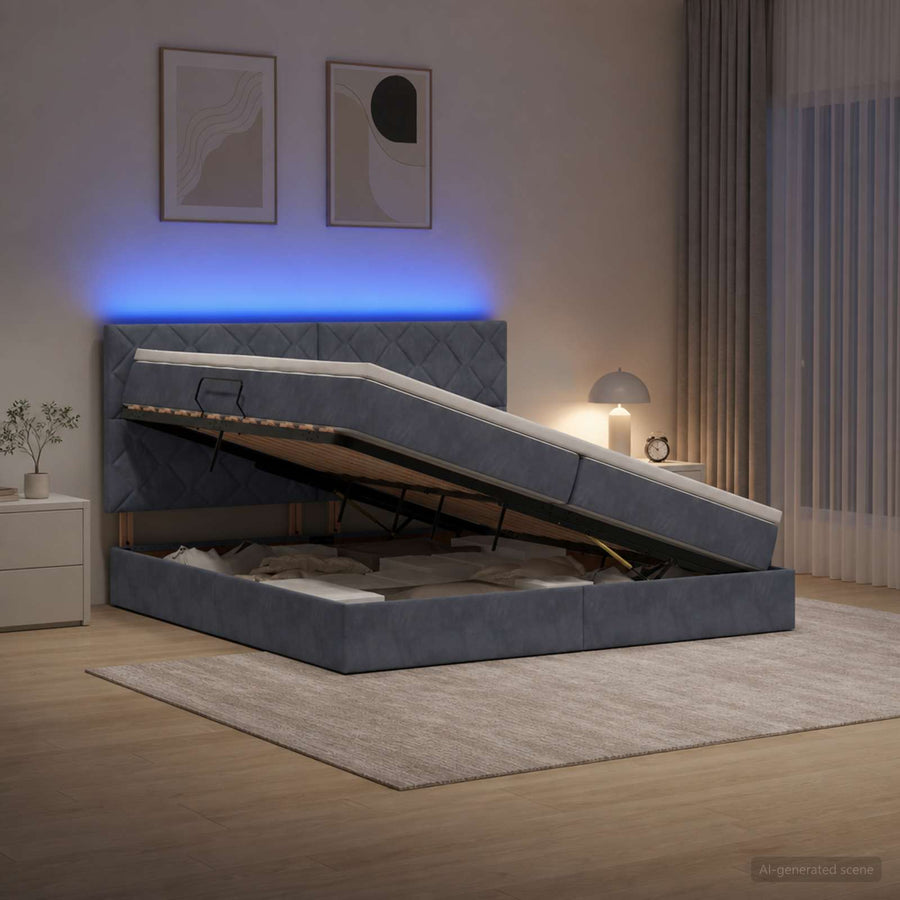 LED Opslagbed met Matras Donkergrijs 200 x 200 cm Fluweel