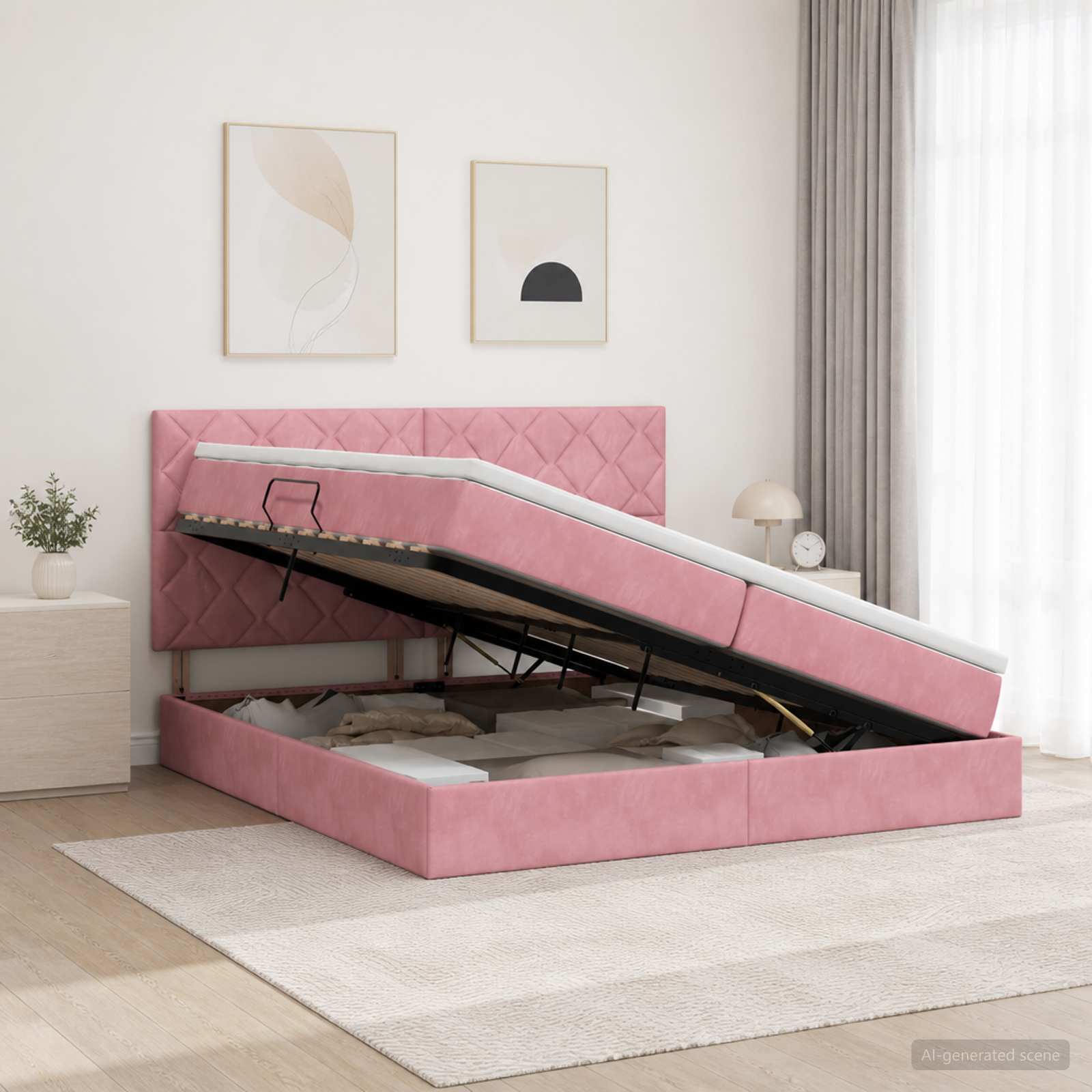 Opslag bed met matras met hoofdeinde Roze 200 x 200 cm Fluweel