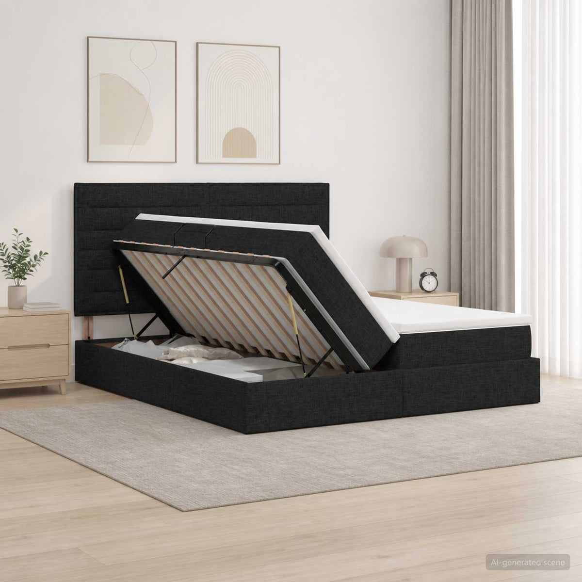 Opslag bed met hoofdeinde met opslag Zwart 200 x 200 cm Stof