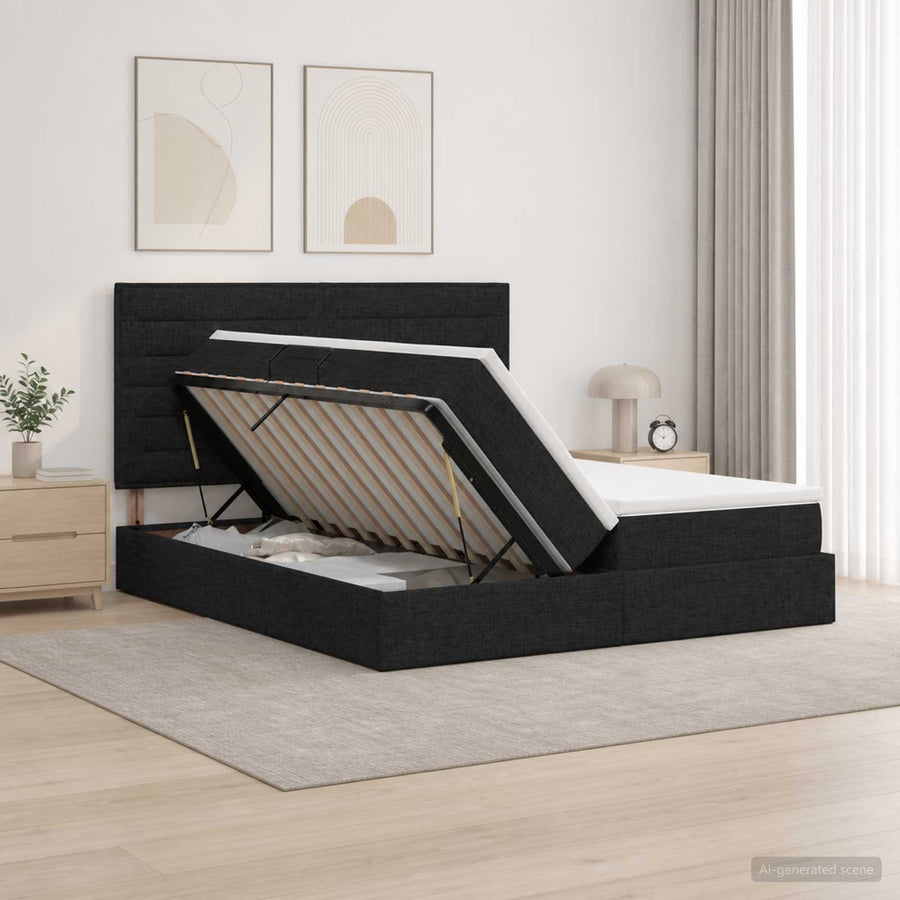 Opslag bed met hoofdeinde met opslag Zwart 200 x 200 cm Stof