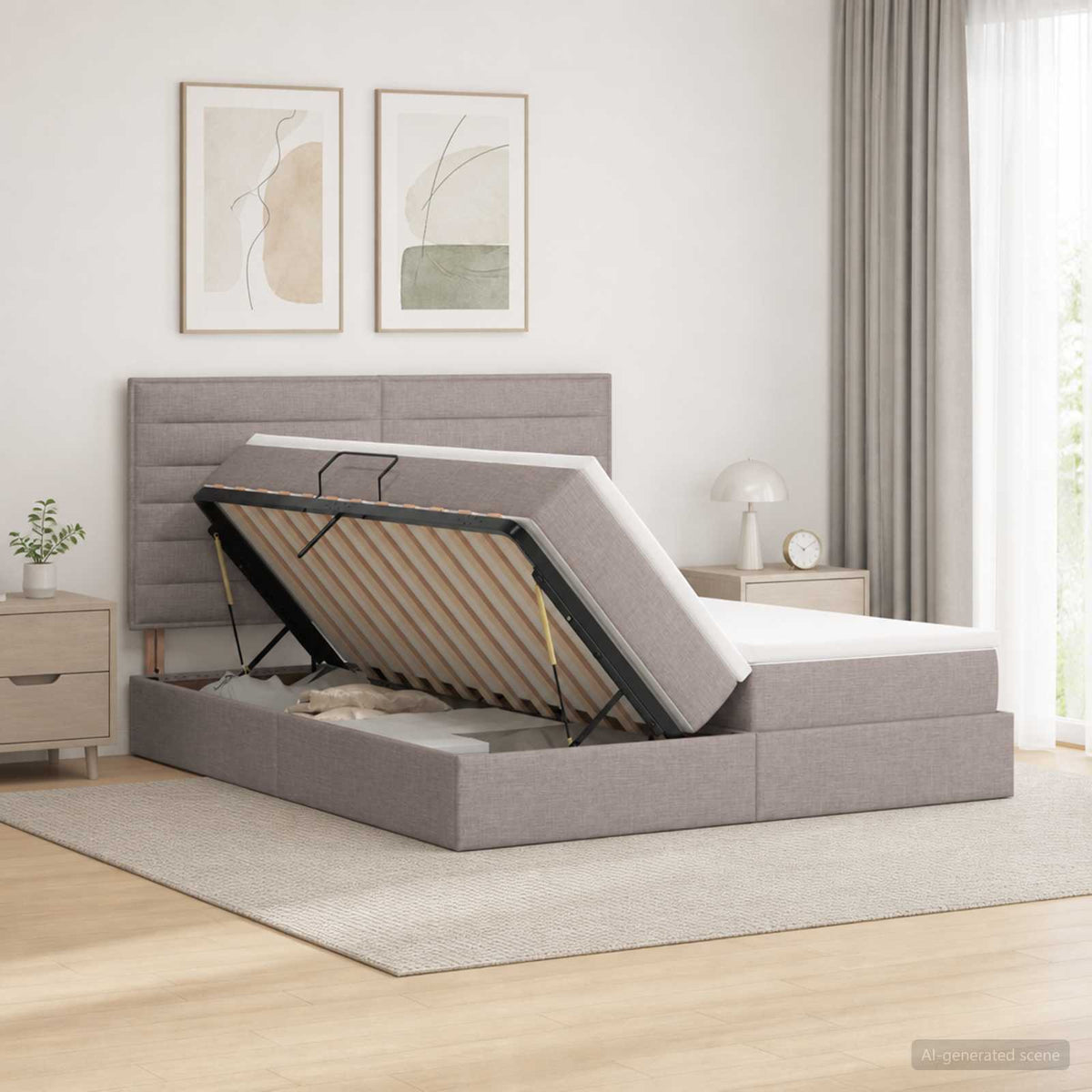 Opslag bed met hoofdeinde met opslag Taupe 180 x 200 cm Stof