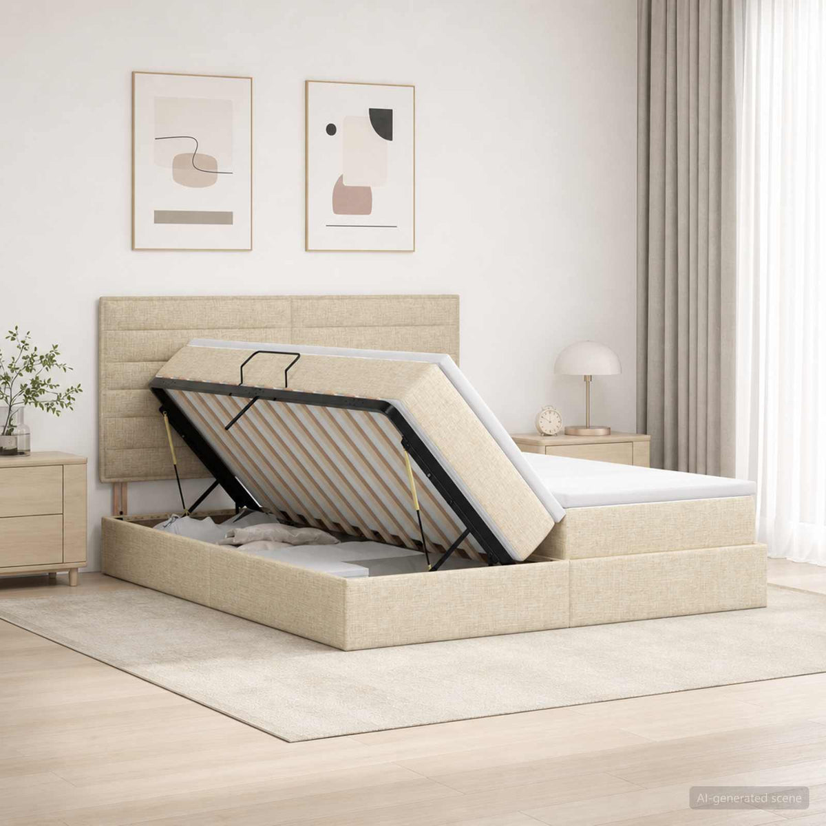 Opslag bed met hoofdeinde Crèmekleurig 180 x 200 cm Stof