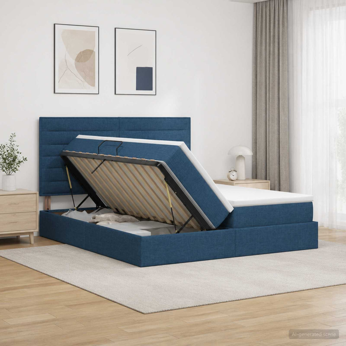 Opslag bed met hoofdeinde met opslag Blauw 200 x 200 cm Stof