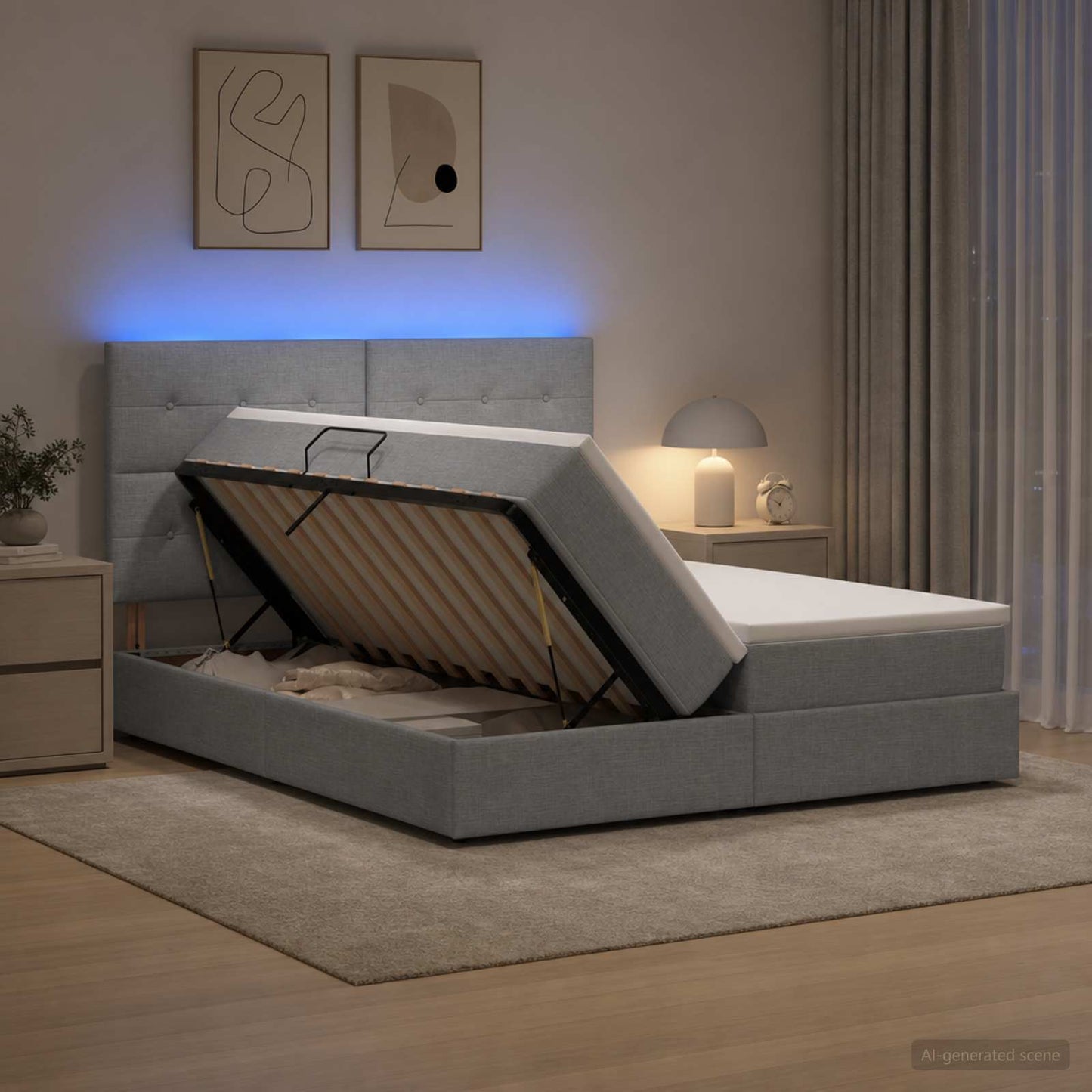 LED Opslagbed met Matras Lichtgrijs 200 x 200 cm Stof