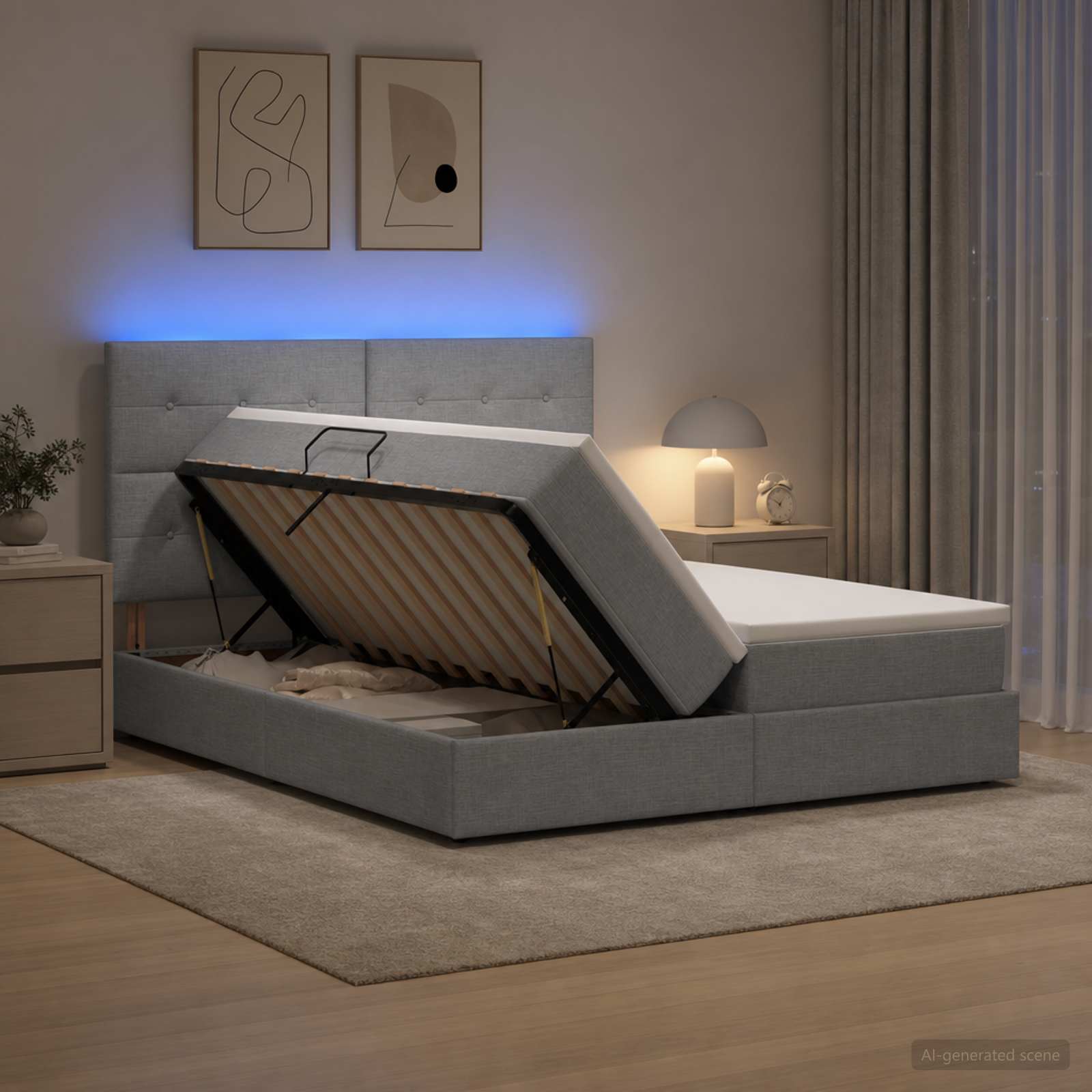 LED Opslagbed met Matras Lichtgrijs 200 x 200 cm Stof