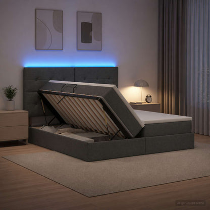 LED Opslagbed met Matras Donkergrijs 200 x 200 cm Stof