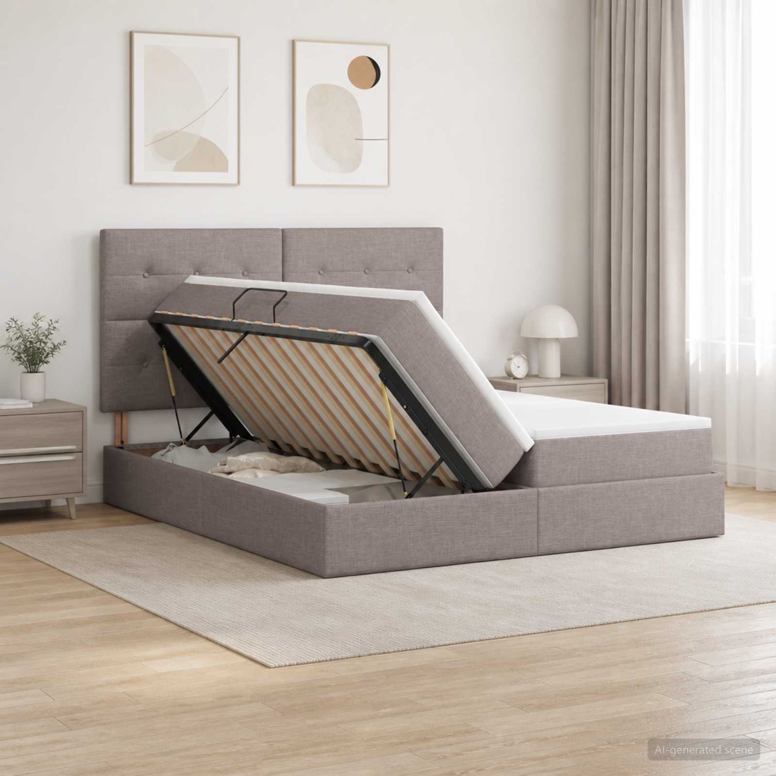 Opslag bed met hoofdeinde met opslag Taupe 200 x 200 cm Stof
