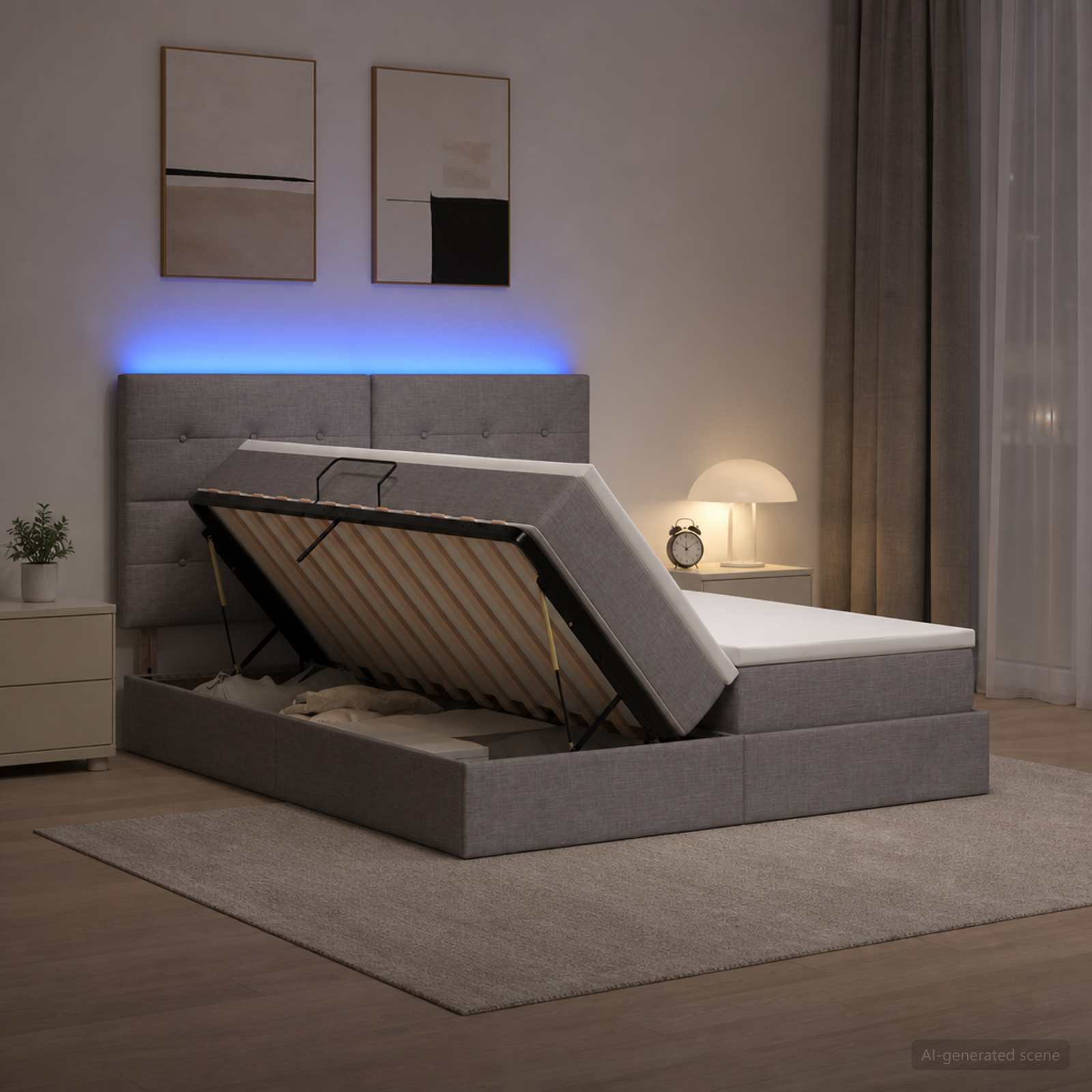 LED Opslagbed met Matras Taupe 200 x 200 cm Stof
