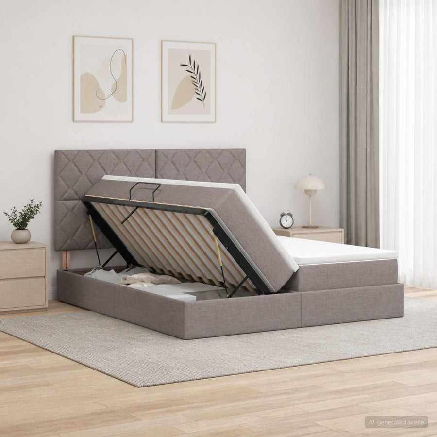 Opslag bed met hoofdeinde met opslag Taupe 200 x 200 cm Stof