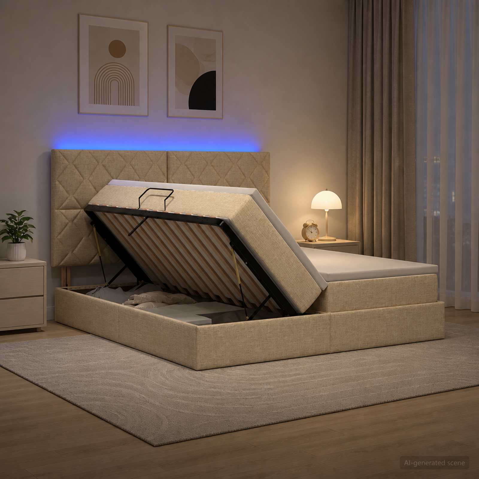 LED Opslagbed met Matras Crèmekleurig 200 x 200 cm Stof