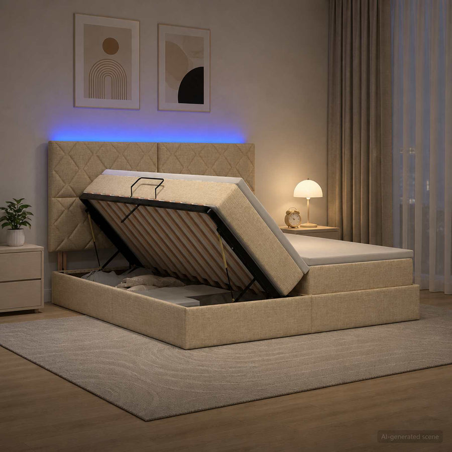 LED Opslagbed met Matras Crèmekleurig 200 x 200 cm Stof