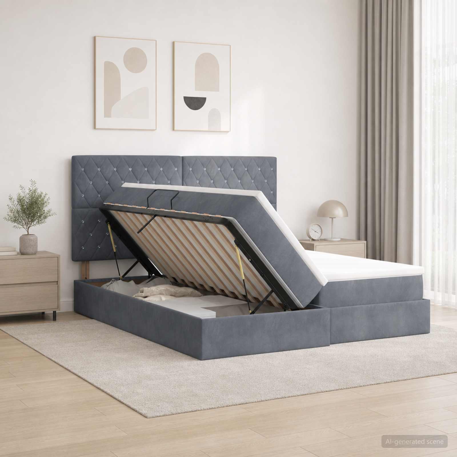 LED Opslagbed met Matras Donkergrijs 200 x 200 cm Fluweel
