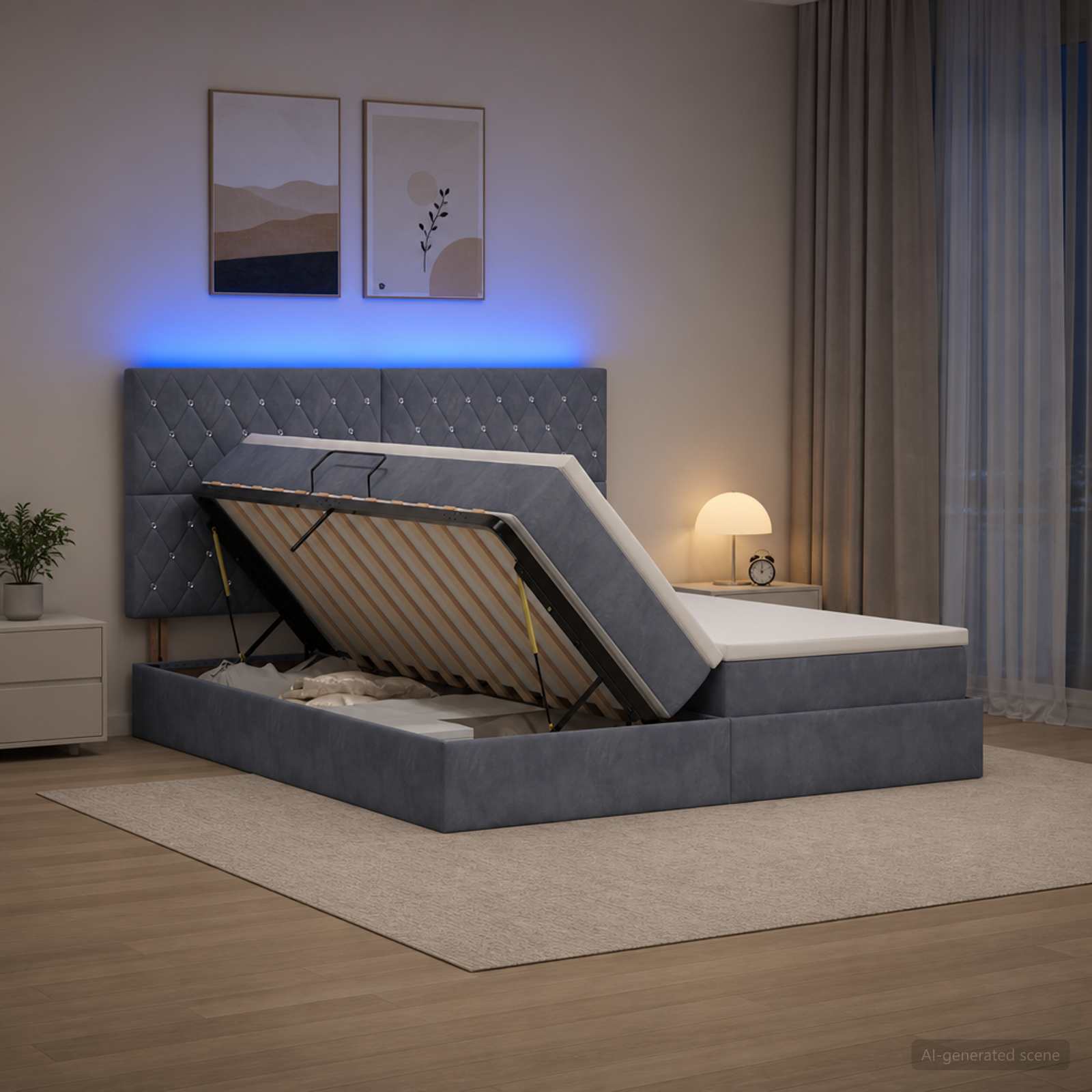 LED Opslagbed met Matras Donkergrijs 200 x 200 cm Fluweel