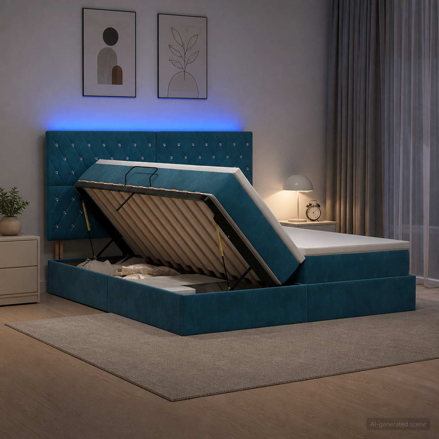LED Opslagbed met Matras Donkerblauw 200 x 200 cm Fluweel